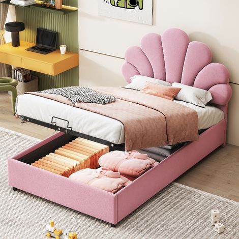 Polsterbett 90x200 rosa mit hydraulischem Stauraum und Lattenrost, Kinderbett Mädchen aus Samt mit geblümtem Kopfteil, höhenverstellbar (1/5)