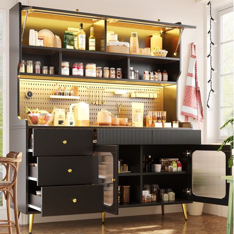 Buffet haut de cuisine avec LED RGB et porte relevable, rangement avec verre rainuré, 145x39x171 cm, MDF noir (1/5)