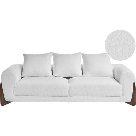 Sofá de 3 plazas tapizado de bouclé con reposabrazos patas de madera sala de estar moderno blanco Vinliden