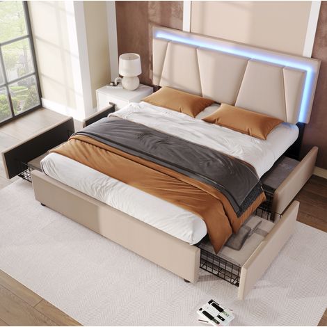 Lit double en tissu beige 140x200 cm avec LED, 4 tiroirs et tête de lit réglable (1/5)