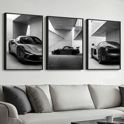 Lot de 3 posters - Motif voiture de sport moderne - Noir et blanc - Sans cadre - Décoration murale pour bureau et salon - 30 x 40 cm (1/5)