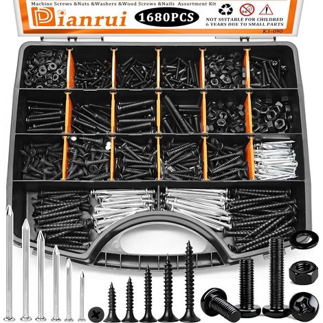1680PCS Kit Assortiment Vis Écrous Rondelles Zingué Noir – Vis à Métaux Tête Cylindrique Bombée Cruciforme M3 M4 M5 M6 + Vis à Bois Tête Fraisée Autotaraudeuses + Clous Boîte (1/5)