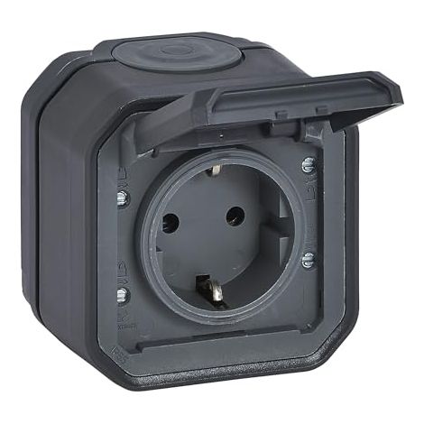 LEGRAND, PLEXO NEW 069799L PRISE MURALE STANDARD SCHUKO AVEC COUVERCLE À CHARNIÈRE, PROTECTION ANTI-CONTACT, BORNES ENFICHABLES,