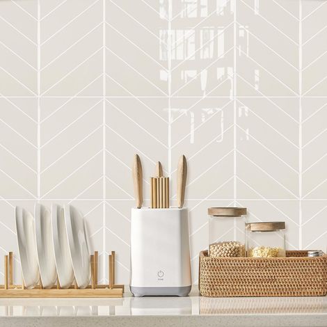 Lot de 10 feuilles 29 x 23 cm Autocollants 3D en vinyle blanc beige pour mur, autocollants carrelage à coller et décoller, auto-adhésifs, étanches, pour crédence, déco murale de cuisine (1/5)