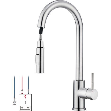 Robinet cuisine basse pression, 2 jets, rotation 360°, douchette extractible, inox, 3 raccords pour chauffe-eau (1/5)