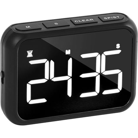 Temporizador digital, despertador LED recargable con cuenta regresiva para usar en la cocina, la ducha y el aula, con soporte, color negro. (1/5)