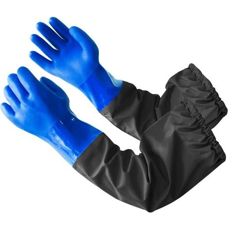 Gants de protection de bassin en deux pièces pour aquarium - Gants imperméables extra longs 70cm - Bleu (1/5)