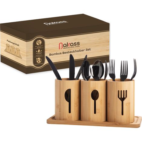 Porte-couverts en bambou 4 pièces en bois - Organisateur d'ustensiles de cuisine pour décoration de table à manger - Récipient à couverts avec base en bois - Organiseur de cuisine (1/5)