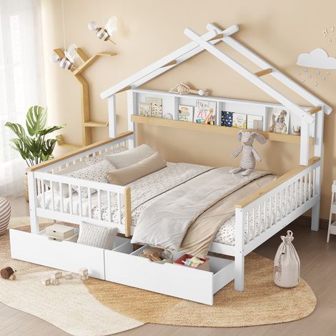 Lit enfant 140x200cm - avec 2 tiroirs - avec forme de toit - avec compartiment de rangement - MDF + Bois massif - blanc + Naturel (sans matelas) (1/5)