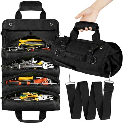 Sac à outils enroulable, 33 x 48,7 cm, gadget pour, sac à outils, avec bandoulière réglable et poignée de transport, noir (1/5)