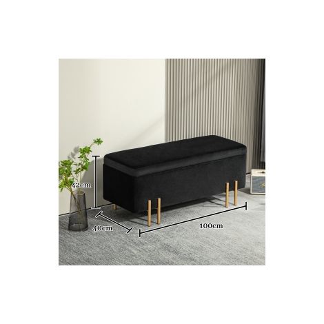 Banc coffre noir rembourré en tissu, structure métal et bois d hévéa, avec rangement et coussin en mousse, pour entrée (1/5)