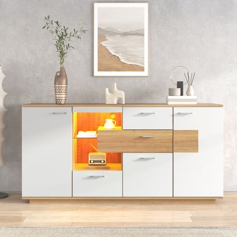 Sideboard 160/40/77 cm in Weiß und Holzoptik mit LED, 2 Türen und 4 Schubladen (1/5)
