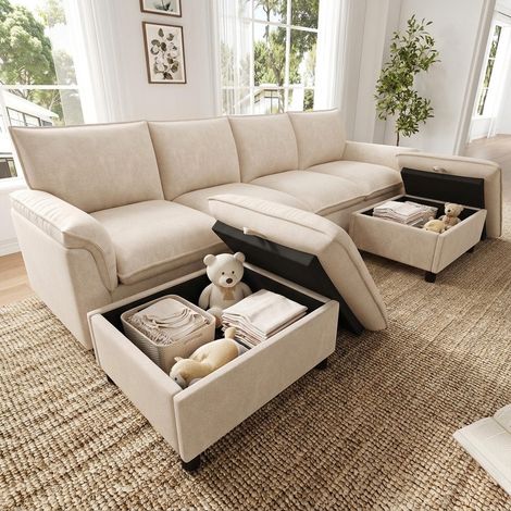 Canapé d'angle modulable en forme de U avec 2 repose-pieds amovibles, Canapé 4 places, confortable et profond, dossier haut, beige
