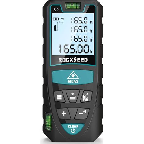 50 m/165 Fuß digitales Laser-Entfernungsmessgerät mit 2 Wasserwaagen, tragbares Laser-Entfernungsmessgerät, M/Zoll/Fuß-Einheit, hintergrundbeleuchtetes LCD-Display und Entfernungs-/Fläche-/Volumenmess