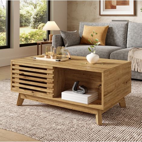 Couchtisch 90/55/57,5 cm in Holzoptik mit höhenverstellbarer Platte und Schiebetür (1/5)
