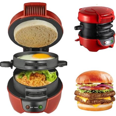Máquina para el desayuno - Máquina para hacer muffins - Eléctrica - Fácil de limpiar - Tostadora - Sandwichera - Uso versátil - Roja (1/5)