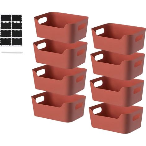 Lot de 8 boîtes de rangement avec poignées, paniers de rangement à façade basse, boîtes en plastique pour cuisine et salle de bain, bacs organisateurs pour étagères et placards. (Rouge) (1/5)