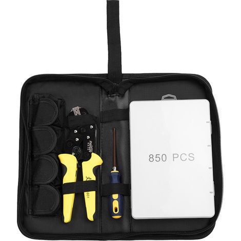 Herramienta de crimpado de terminales de cableado, herramienta de crimpado de trinquete aislada con mordazas intercambiables, kit de 850 terminales aislados de 0,5 a 6,0 mm², embalaje en bolsa. (1/3)