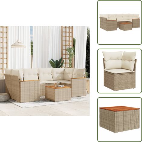 7-tlg. Garten-Sofagarnitur mit Kissen Beige Poly Rattan - Gartenmöbel Set - Esszimmergarnitur - Outdoor Lounge - Rattan Gartenmöbel - Gartenlounge (1/5)