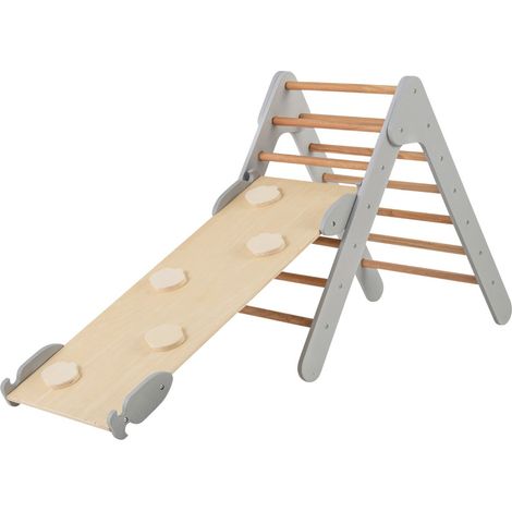 Triangle d'escalade enfant 86,5 x 48 x 73,5 cm avec rampe réglable en bois massif gris