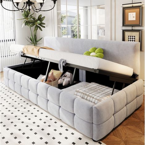 Lit coffre 90x200 cm avec rangement, dossier sans accoudoirs, en velours, gris clair, sans matelas (1/5)