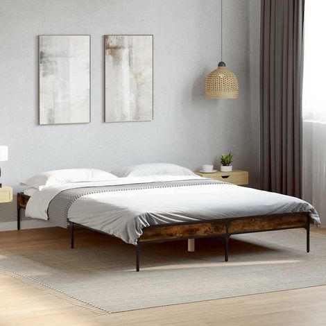 vidaXL Estructura cama madera ingeniería metal roble ahumado 135x190cm (1/5)