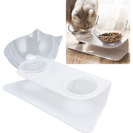 Gamelle double pour chat avec support pour le cou, ouverture inclinée, inclinaison de 15 degrés, base blanche + gamelle transparente. (1/5)