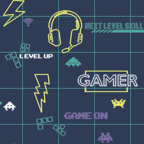 Holden Gamer Boys Navy Neon Yellow Boys Space Invader Paste The Paper Wallpaper (1/4)