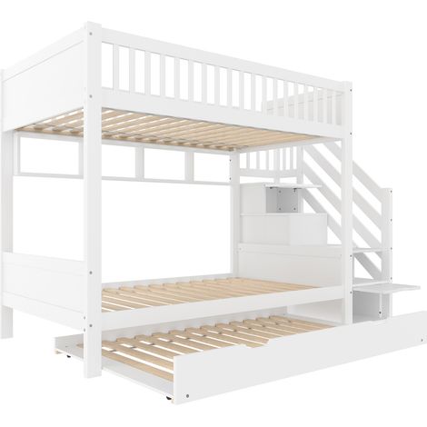 Kinder-Hochbett 90 x 200 cm weiß mit Ausziehbett, Regal, Kleiderschrank und Stauraum (1/5)