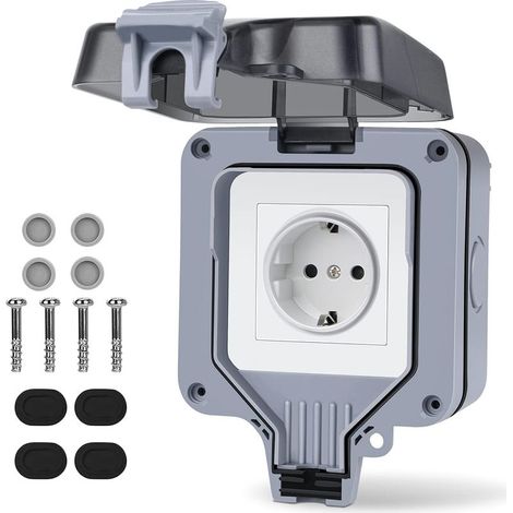 INHHUB Outdoor Power Outlet, IP66 Outdoor Wall Socket, Weatherproof Surface-Mounted Outdoor Power Outlet with Protective Contact, for Kitchen, Garage, (1/5)