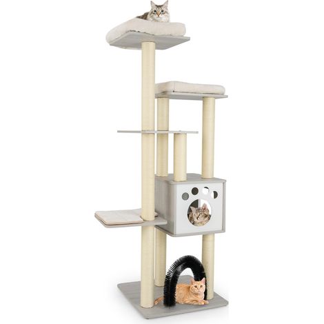 COSTWAY Albero Tiragraffi per Gatti 176 cm, Tiragraffi per Gatti con 2 Trespoli in Tessuto Felpato, Arco Massaggiante, Cuccia, Pali in Sisal e Tapettini Lavabili, Torre per Animali Domestici (Grigio) (1/5)