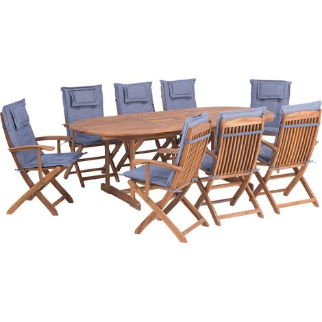 Set da giardino di un tavolo e 8 sedie con cuscini azzurri Maui (1/4)