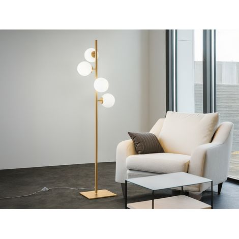 LED Stehlampe 4-flammig Gold mit Glaskugeln in Opalweiß, Höhe 150cm