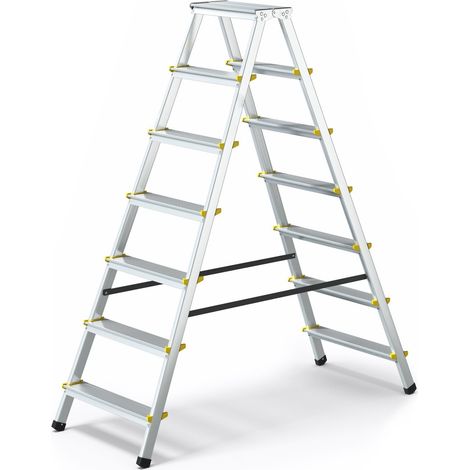 Monmobilierdesign – Escabeau double pliable aluminium 7 marches – Marches antidérapantes – Poids maximum 150 kg – Pour chantiers humides