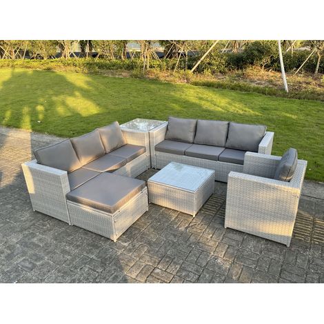 Fimous Light Grey Outdoor Rattan Garden Furniture Set Corner Sofa Set 2 Coffee Table Big Footstool Armchair (1/3)