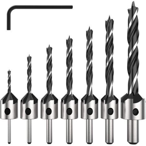 Set di 7 punte da trapano HSS a 5 taglienti per svasatura di viti per legno di diverse lunghezze, per facilitare l'avvitamento e lo svitamento, con diametri da 3 a 6 mm.
