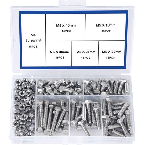 75 pièces Boulon hexagonal M5, acier inoxydable 304, longueurs 10/16/20/25/30 mm, avec écrous, fixation filetée (1/5)