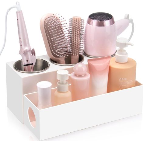 Support de rangement pour outils de coiffure avec 3 plateaux en acier inoxydable pour refroidir les outils chauds - parfait pour l'étagère de la salle de bain, adapté pour ranger les sèche-cheveux, le (1/5)