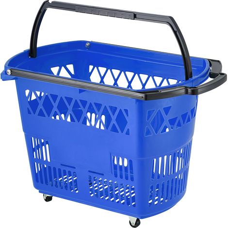 Panier de courses 6 pièces, 39L avec poignées, roues et anses, plastique robuste, bleu, pour supermarchés, magasins et courses. (1/5)