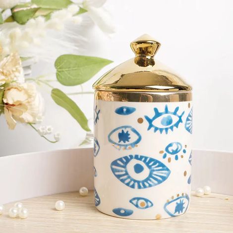 Pot de rangement en céramique bleue européenne à motif d'œil, pot à bougie parfumée
