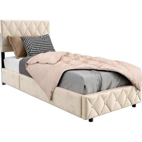 Cama tapizada 90x200 cm de terciopelo beige con somier de láminas de madera, estructura de MDF y metal, espuma elástica y soporte central estable – CHICFURN para dormitorio (1/5)