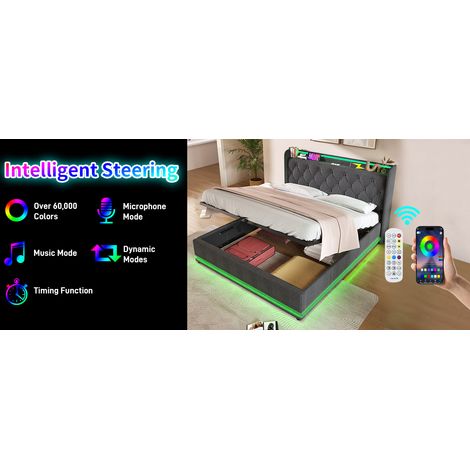 Cama tapizada 140x190 cm de lino gris con LED y almacenaje, ahorra espacio, sin colchón – MEUBLIV (1/5)