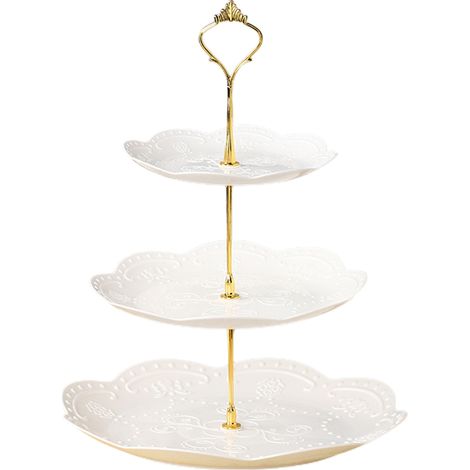 1 Présentoir à gâteaux 3 étages, plastique blanc, tiges métalliques, design carré, pour anniversaire et fête (1/5)