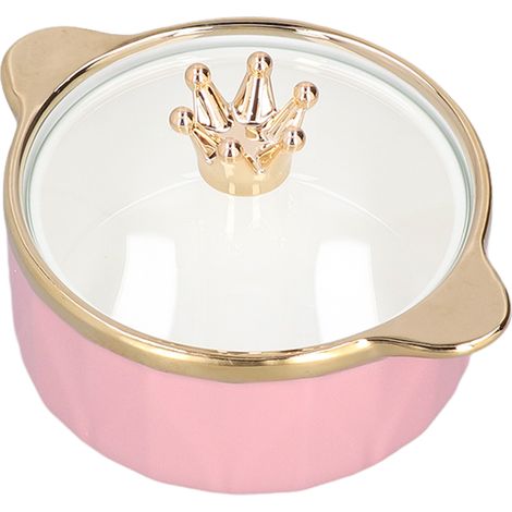Bol en Céramique Couronné Grande Capacité avec Couvercle et Poignée Dorée pour Soupe, Riz, Salade, Nouilles Instantanées - Rose