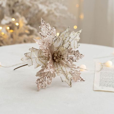 Fleur Artificielle - Décoration Arbre De Noël - Tissu Flanelle Pailletée - 20 cm - 1 Pièce (1/4)
