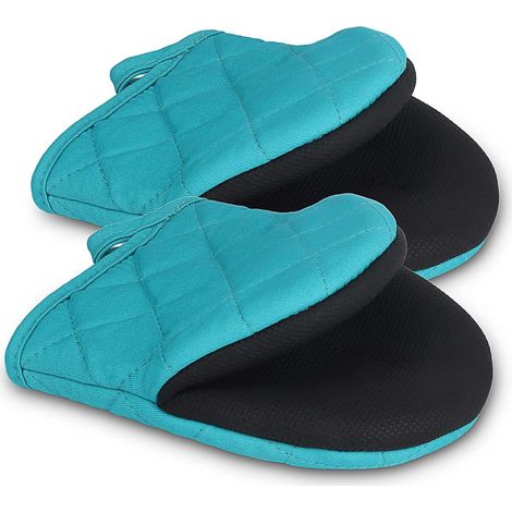 Paar kurze, hitzebeständige Mini-Küchenhandschuhe aus Silikon mit rutschfester Oberfläche und Aufhängeschlaufe, geeignet für die Verwendung mit Grills, Mikrowellen und anderen Küchengeräten (blau). (1/5)