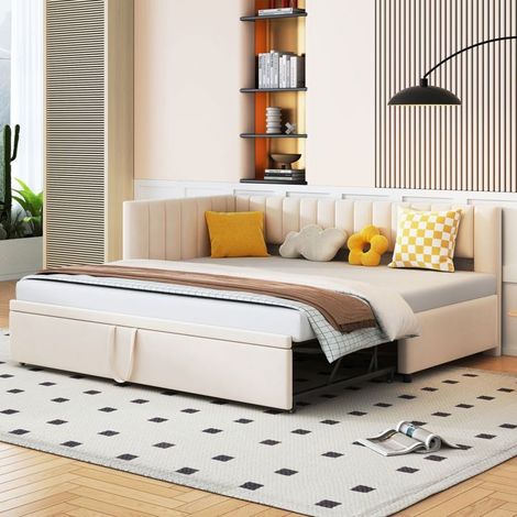 Canapé‑lit convertible (lit gigogne) - SOGEU - 90x200/180cm - Velours - Extensible - Beige/Gris (1/5)