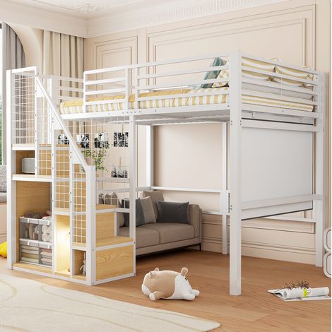 Cama alta juvenil con almacenaje 140x200 metal blanca OKMYHOME (1/5)