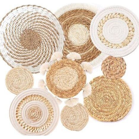 Lot de 9 paniers muraux bohèmes tissés à suspendre - Décoration murale en jonc de mer et rotin - Décoration murale ronde écologique pour ferme, chambre à coucher, salon, table de cuisine, maison (1/4)