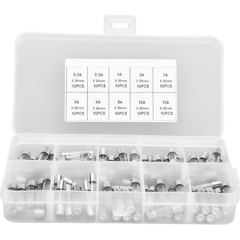 100 Stück Sicherungen (flink, Glas) 0,2 A, 0,5 A, 1 A, 2 A, 3 A, 5 A, 8 A, 10 A, 15 A, 20 A – Set zum Schutz